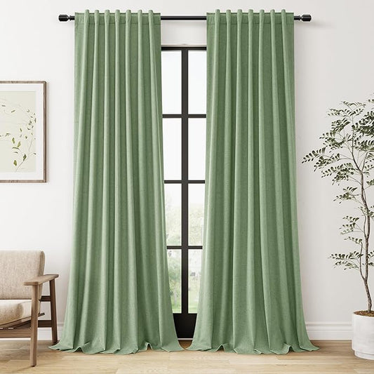 Guken 100% Blackout Linen Curtains 102 Inch Length 2 Panels Set for Living Room Bedroom Back Tab Thermal Insulated Black Out Linen Drapes Room Darkening Window Curtains,Light Sage