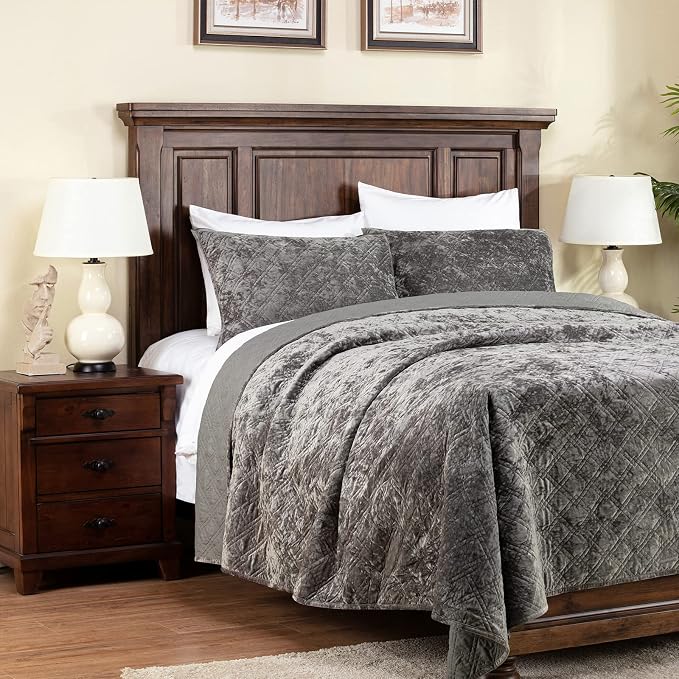 ELEGANT LIFE HOME Luxury Washed Crushed Velvet Diamond Stitching Bedding Quilt Set with Matching Sham, Full/Queen (90 in x 92 in /1+20 in x 26 in /2), 3 Piece, Charcoal Gray
