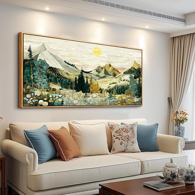 XIGUANGART Mountain Framed Wall Art,Large Canvas Wall Art - Floral Abstract Painting Decor, Vintage Flower Pictures,Modern Farmhouse Landscape Art Prints for Living Room Bedroom Office Home Decoration