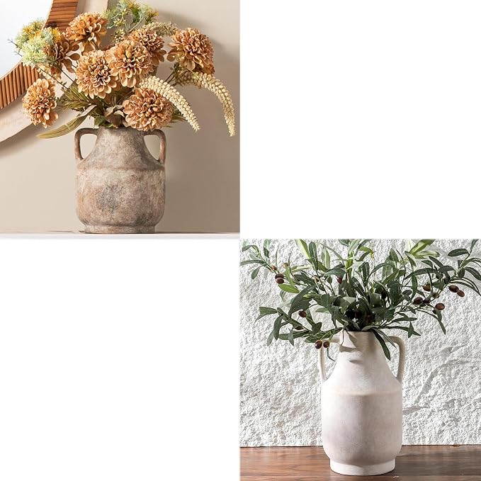 Mitt&Ditt Ceramic Flower Vase, Farmhouse Rustic Vase, Handcrafted Weathered Pottery Vases, Terracotta Vases for Home Decor, Living Room, Table, Shelf
