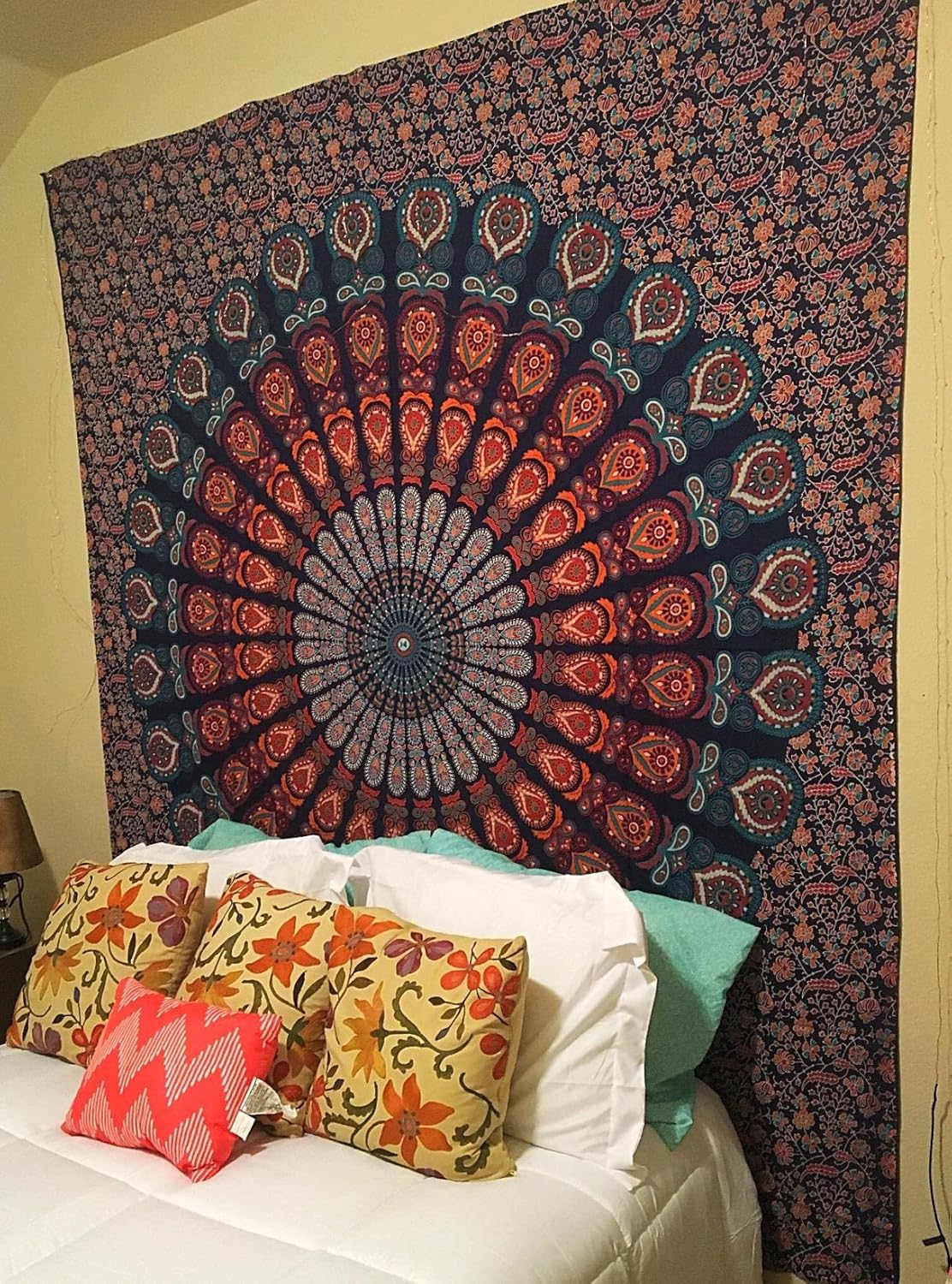 Bless International Handmade Indian hippie Bohemian Psychedelic Peacock Mandala Wall hanging College Dorm Beach Throws Table Cloth Bedding Tapestry (Golden Blue, King(88x104Inches)(225x265Cms))