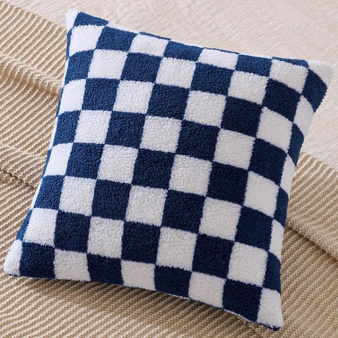 AmHoo Pack of 2 Decorative Throw Pillow Covers Checkerboard Luxury Super Soft Faux Fur Wool Set Case Cushion for Couch Sofa Bedroom 16 x 16-Inch Navy Blue