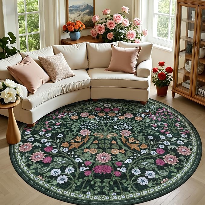 Round Area Rug for Living Room: 8 ft Floral Washable Circle Rug Soft Boho Non-Slip Carpet Indoor Floor Stain Resistant Low Pile Small Circular Rug for Bedroom Entryway Kitchen Nursery Dark Green