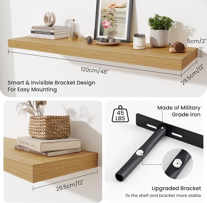 Fun Memories 48 Inch Floating Shelves for Wall - 12 Inch Deep Fireplace Mantel Shelf - Wood Floating Shelf for Wall - Large Storage Shelves Wall Mount for Living Room & Bedroom - Oak - Set of 1