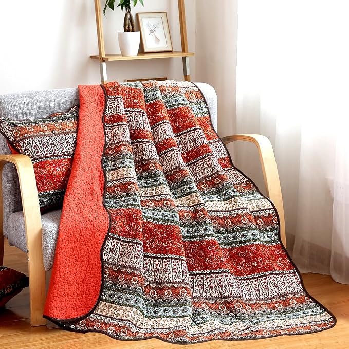 NEWLAKE Quilt Throw Blanket with Classical Floral Patchwork, Orange Jacquard, 60X78 Inch