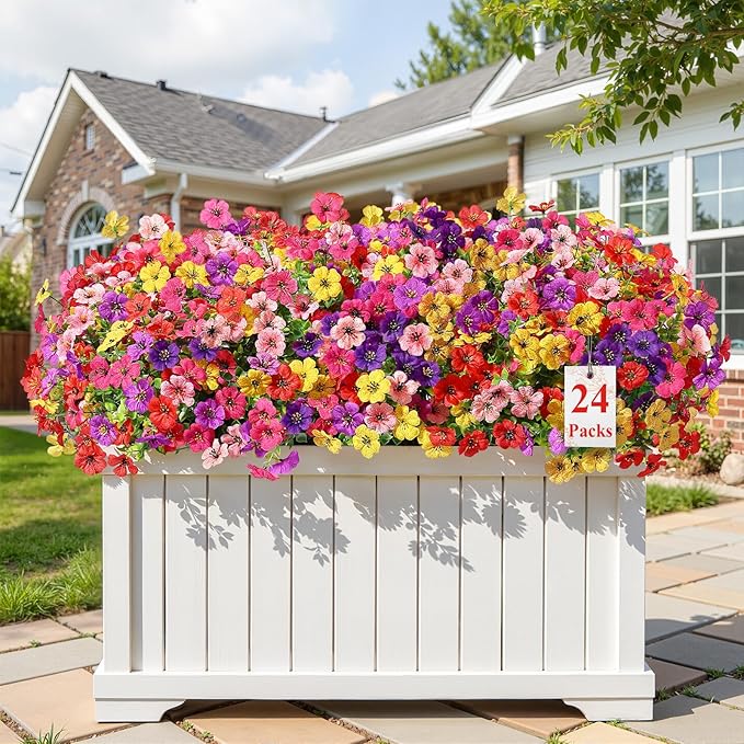 Alupssuc 24 Bundles Artificial Flowers for Outdoors Decoration, UV Resistant Silk Faux Floral Spring Fake Plastic Plants Greenery for Outside Indoor Patio Porch Window Box Home Decor, Mix 6 Colors