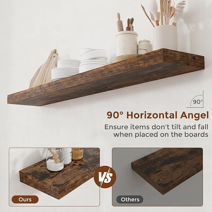 Heimlove 51 Inch Floating Shelves for Wall 8 Inch Deep Rustic Brown Shelves Set of 2,Wall Mounted Rustic Wood Long Floating Shelf，Large Display & Storage Shelf with Invisible Brackets