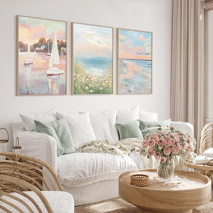 Pink Coastal Wall Art Coquette Beach Canvas Poster Summer Beachy Wall Decor Trendy Pastel Ocean Pictures Preppy Aesthetic Painting Wildflower Prints Sailboat Artwork for Bedroom 12x16 Inch Unframed