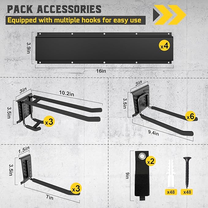 64" Garage Tool Organizer Wall Mount, 900 lbs Heavy Duty Steel Garden Tool Storage Rack with 12 Adjustable Hooks for Yard, Shed, Garage (4 Racks, 12 Hooks, 2 Straps)