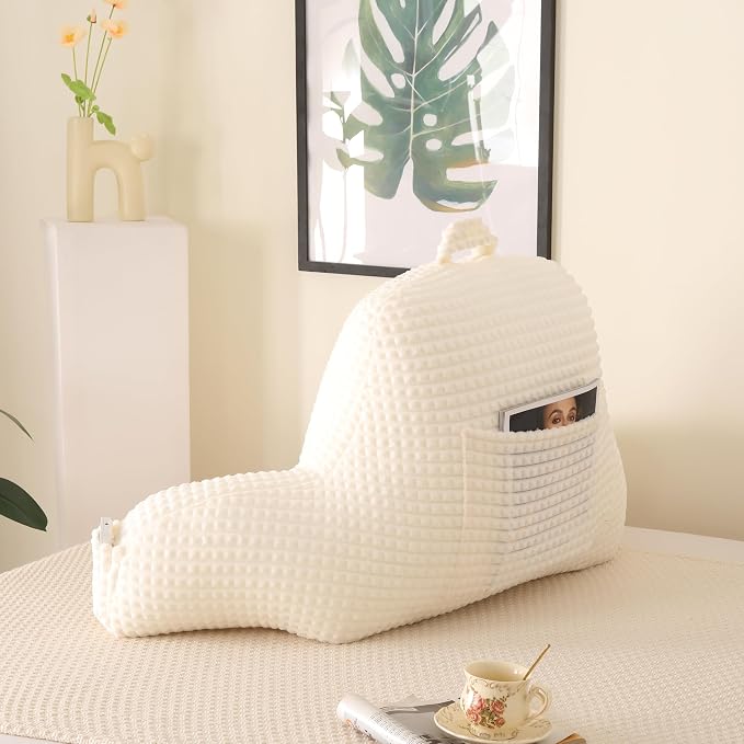 Reading Pillow with Arms for Sitting in Bed,Backrest,White Flannel,M | 17" Backrest Supports Back for College Students,Elbows & Forearms for Dorm Reading,Gaming,Watching TV