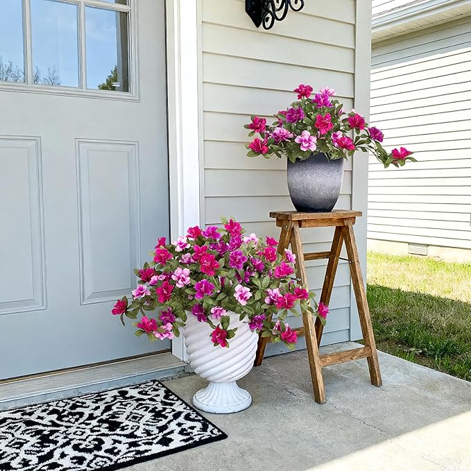 Ammyoo Artificial Fake Azalea Flowers for Outdoor Spring Decoration, Faux Silk Flower for Summer UV Resistant Look Real Plants for Garden Yard Porch Walkway Indoor Decor, 2PCS