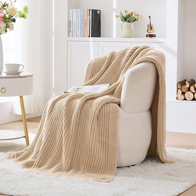 Chunky Knit Beige Throw Blanket for Couch Soft Cozy Thick Cable Knitted Throw for Sofa Bed Cute Decorative Blanket for Living Room,50"x 60",Ginger Beige