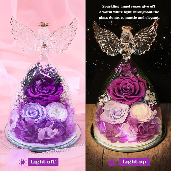 FIACO Gifts for Mom Women Birthday Preserved Rose in Glass Angel Figurine Forever Fresh Flower for Delivery, Mothers Day Flowers Gifts for Grandma Wife Daughter Friends