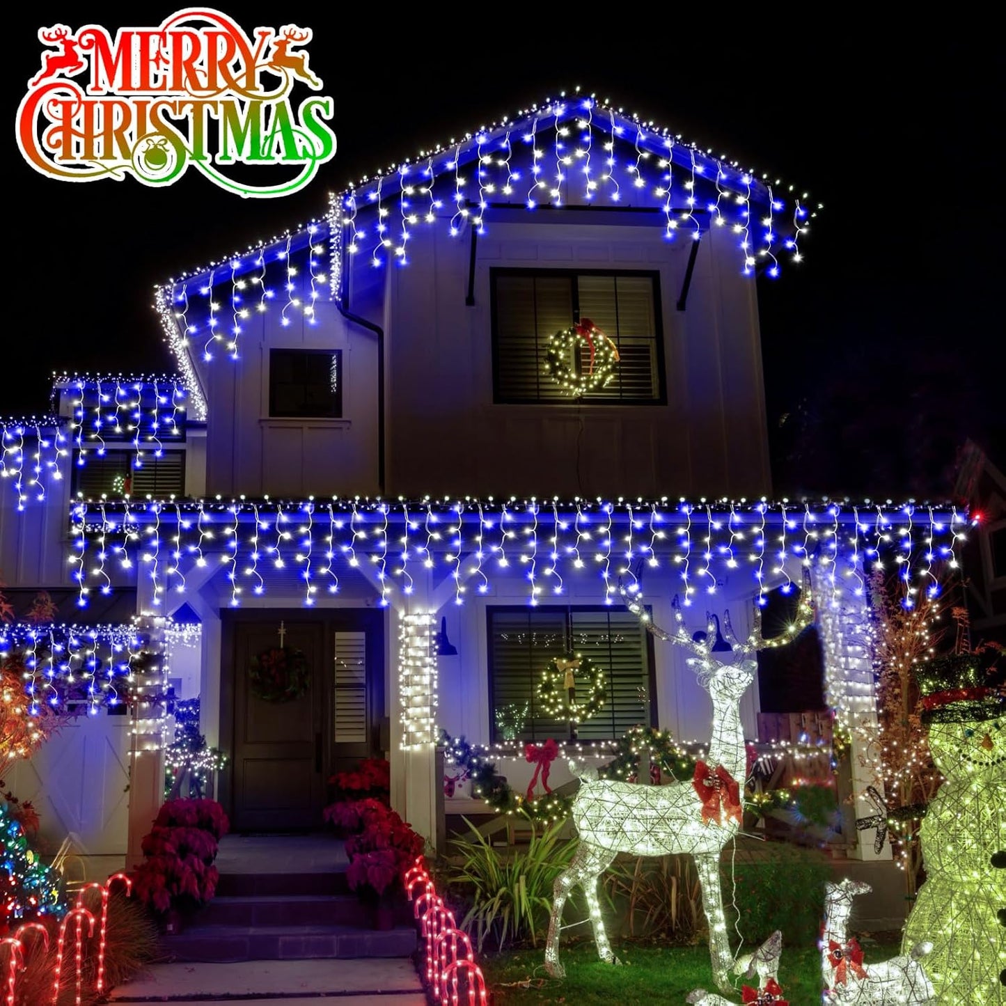 Christmas Lights Outdoor, 164FT 1600 LED Ice Lights for Outside, 320 Drops Ice String Lights with 8 Modes, Waterproof Timer & Memory for Yard, Garden, Eaves, Patio, Party (Blue and Cool White)