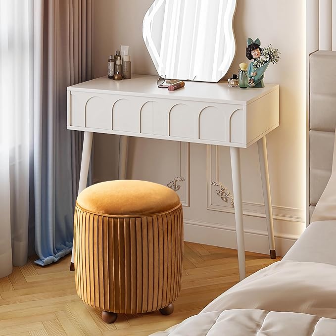 Glitzhome Round Ottoman with Storage, Pleated Velvet Small Foot Stool, Modern Accent Stool Upholstered Vanity Stool with Rubberwood Ball Feet for Bedroom Living Room Dorm Room, Brown