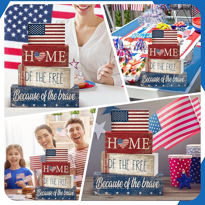 CroBlissful 4 Pcs 4th of July Decorations Patriotic Memorial Day Tabletop Decorations Red White Blue Table Centerpieces Sign for Office Tiered Tray Home Shelf 250th Anniversary(Flag)