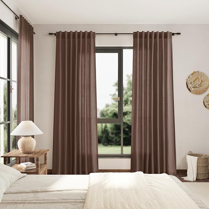 Nanspring Mocha Mousse Curtains 120 Inches Long 2 Panels Set Back Tab Linen Loop Pocket Light Filtering Semi Sheer Boho Style Curtain for High Ceiling Living Room Curtains 52x120