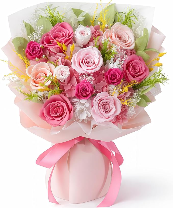 XTYFJGVA 12 Preserved Pink Roses Bouquet, Flowers for Delivery, Real Roses That Last 1-3 Years, Birthday Gifts for Women, Forever Flower Gifts for Mom, Wife, Grandma, Her on Mothers Day, Anniversary