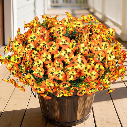 24 Pcs Artificial Fake Pansy Flowers for Outdoor,Faux Silk Plants Flowers UV Resistant Pansies Spring Flowers for Planter Front Door Porch Yard Patio garden Window Box Home Decor(Orange Yellow)