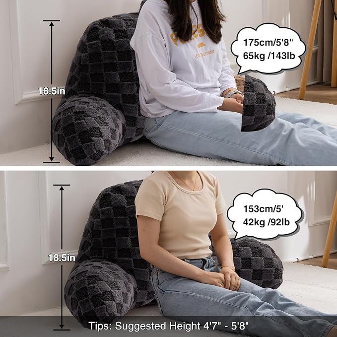 A Nice Night Faux Fur Reading Pillow,Checkered Fluffy Grid Plaid,Bed Wedge Pillow Large Adult Children Backrest with Arms for Bedrest,Darkgrey