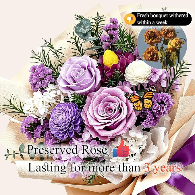 Preserved Flowers Bouquet, Purple Roses Forever Flowers for Delivery | Floral Arrangements in Vase, Birthday Flowers Gifts for Women Wife Mother's Day, Real Fresh Rose Dried