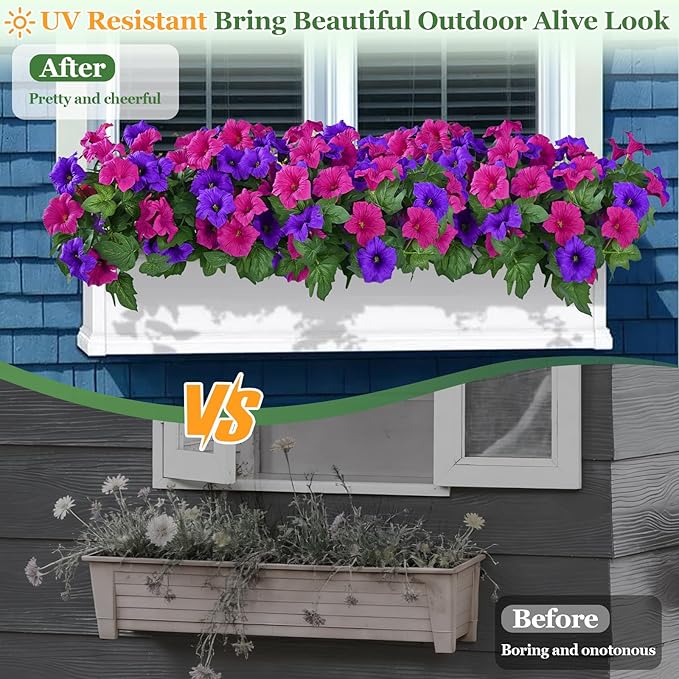 MARTINE MALL Artificial Flowers for Outdoors, 8 Bundles Realistic Fake Outdoor Flowers, UV Resistant Silk Petunia Flower for Outside Look Real Faux Flower Plant for Outdoor Porch Decor, Purple+Fuchsia