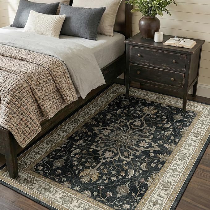 RELEANY Area Rugs 4'x6' Washable Non-Slip, Floral Vintage Distress Print Pattern Medallion Carpet for Living Room Bedroom Dining Room, Vintage Black Brown Neutral