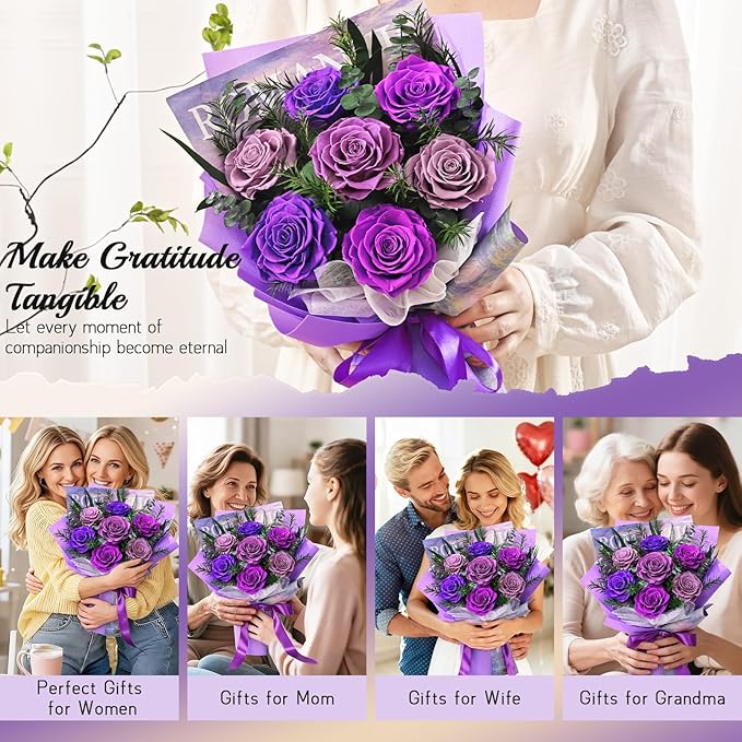 Flowers for Delivery Prime 7 Roses, Mothers Day Flowers for Mom, Mothers Day Gifts, Forever Preserved Purple Flower Bouquet Eternas Rose Birthday Gifts for Women Gf Gifts Wedding Anniversary