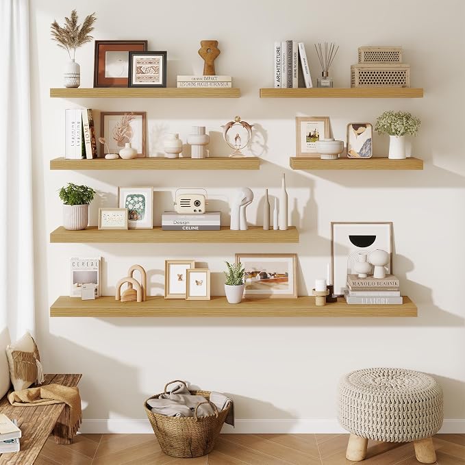 Fun Memories Floating Shelves Set of 2, 40 Inch Long Wooden Wall Shelves, 10 Inch Deep Wall Mounted Storage Shelf with Metal Brackets for Living Room, Bathroom, Bedroom and Kitchen, Oak