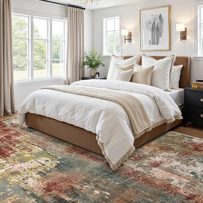 RELEANY Washable Area Rugs 6'x8' Non-Slip Modern Abstract Soft for Living Room Entryway Bedroom Nursery, Print Pattern, Brown Rust Red Green Blue Multi