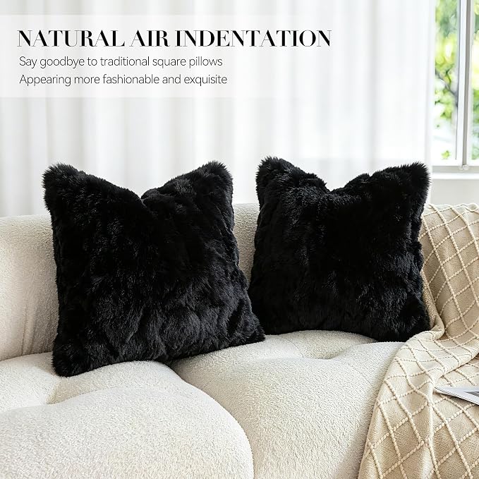 MOOX Rabbit Fur Pillow Covers Set of 2 Fur Throw Lumbar Decorative Pillow Fuzzy Soft Fluffy Genuine Animal Skin 18"x18" Sofa Couch Bed Cover, Black
