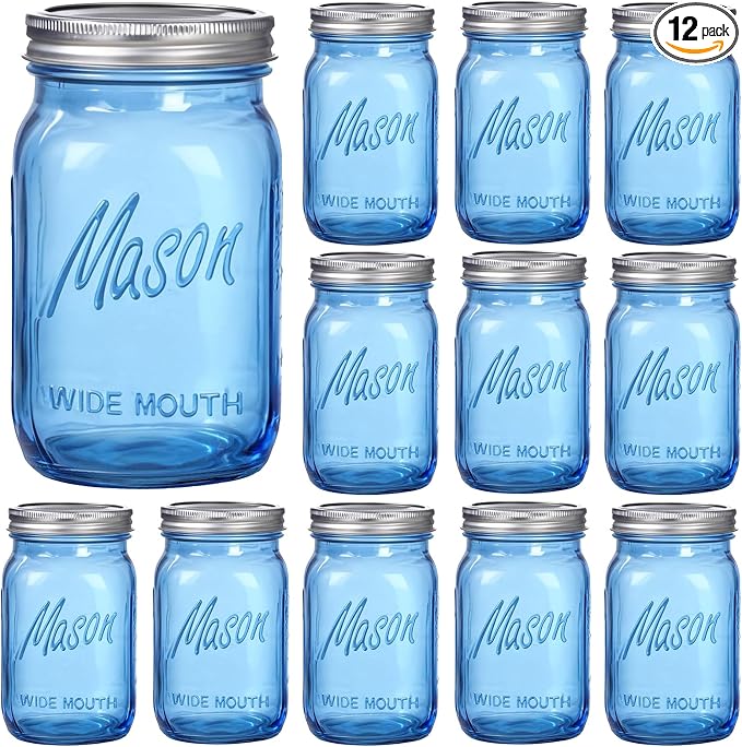 Rubtlamp Blue Mason jar 32 oz, 12 Pack Glass Jars - Wide Mouth Mason Jars with Airtight Lids for Pickling, Fermenting, Food Storage&DIY Crafts, Microwave & Dishwasher Safe