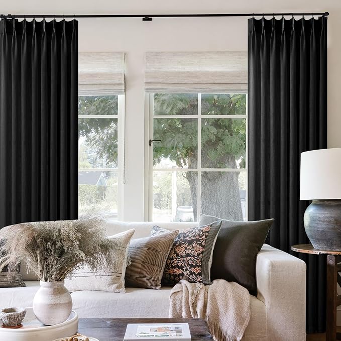 Black Pinch Pleated Linen 108 Inch Curtains 70 Inch Width for Living Room Divider Light Filtering Semi Sheer Extra Wide Patio Curtains Modern Neutral Sliding Door Floor Ceiling Window 70x108 1 Panel