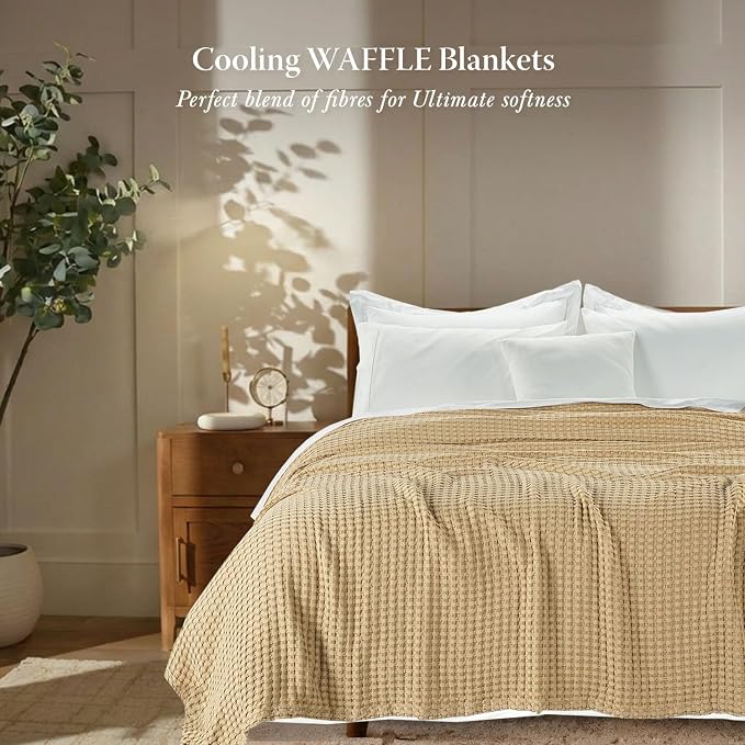 Threadmill Cooling Cotton Waffle Queen Size Blanket | Breathable, Lightweight & Ultra-Soft | Made from Rayon Derived from Bamboo | Cooling Throw Blanket for Couch and Sofa | 90 x 92 Inches | Beige