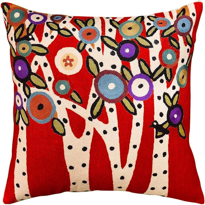 Red Tree of Life Throw Pillow Cover Karla Gerard Floral Pillowcase Reds Flower Pillowsham Floral Chair Cushion Kids Room Hand Embroidered Wool 18x18 Inch
