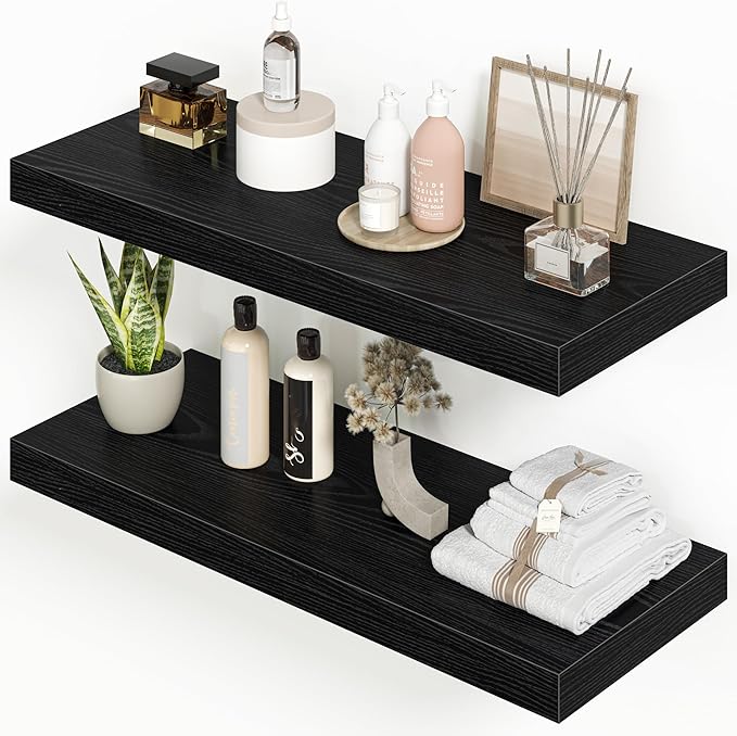 Heimlove 24 inch Floating Shelves for Wall,9.3 inch deep Black Wood Shelves with Invisible Brackets,Wall Mounted Storage & Display Shelves for Bedroom,Living Room,Set of 2