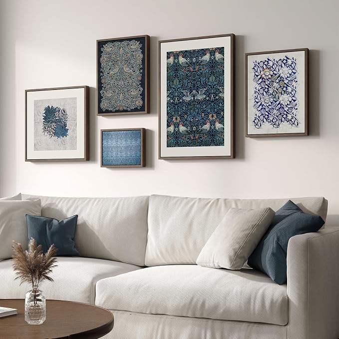 Framed William Morris Wall Art for Living Room, 5 Piece Large Vintage Blue Canvas Prints Set, Floral Botanical and Bird Pattern Aesthetic Decor for Bedroom, Hallway, Home Office, Dining Room, Guest Room