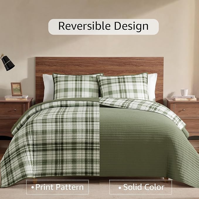 WRENSONGE Plaid Queen Quilt-3 Pieces Lightweight Bedspread Olive Green Quilt Queen Size Quilt Bedding Set for All Seasons, Soft Summer Reversible Neutral Coverlet with 2 Pillow Shams