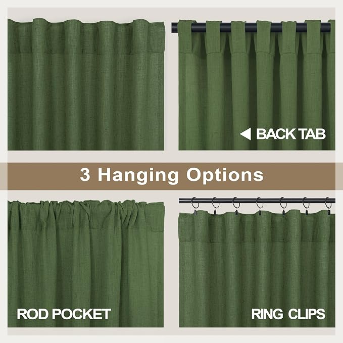 Pitalk Olive Green Curtains 90 Inch Length for Dining Room 2 Panel Set Back Tab Pocket Linen Sheer Boho Farmhouse Decoration Light Green Curtain for Boys Bedroom Baby Teen Toddler Playroom 7.5 FT Long