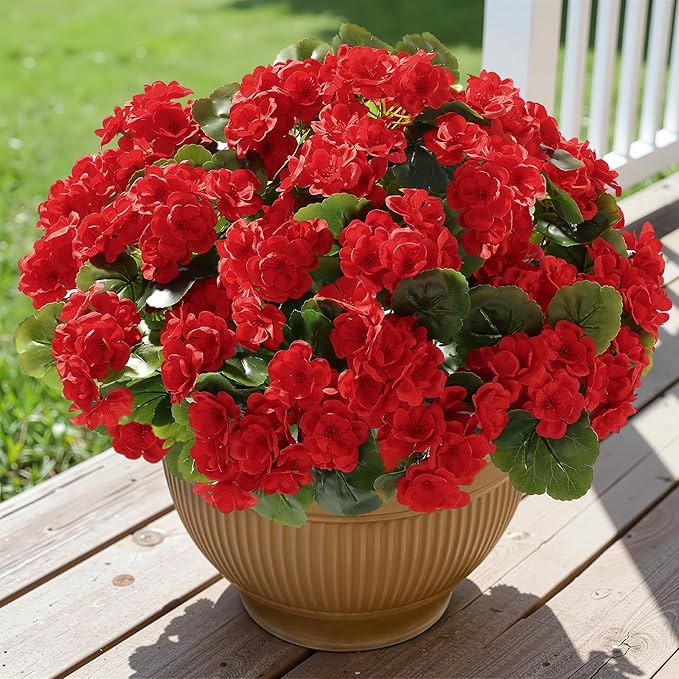 Alupssuc 8Pcs Artificial Geranium Flowers for Outdoors Decoration Silk Floral, UV Resistant Fake Plants, Faux Flower for Porch Garden Table Centerpieces Home Indoor Outside Spring Decor(8, Red)