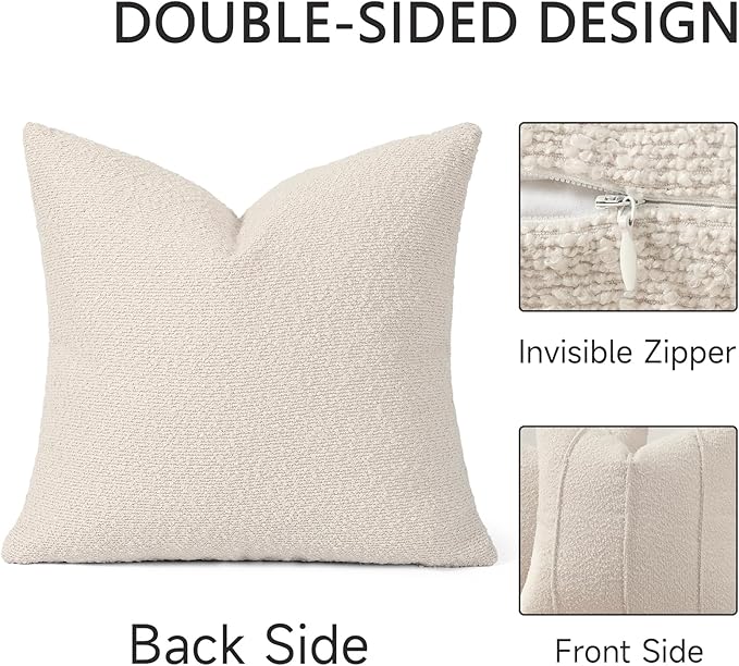 YCOLL Textured Boucle Throw Pillow Covers 22x22 Pack of 2 - Soft Neutral Striped Cushion Covers, Cozy Accent Decorative Pillow Covers for Couch, Sofa, Bed, Living Room (Beige)