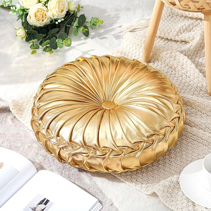 Drydiet 1 Pcs Round Throw Velvet Pillows Decorative Pleated Throw Pillows Diameter Accent Pumpkin Boho Chair Cushion for Couch Sofa Home Decoration (Gold,15'')
