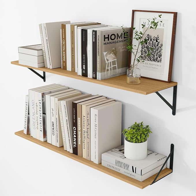 Vivelove 8 Inch Deep Floating Shelves for Wall, 36W x 8D Wood Wall Shelves Set of 2, Rustic Oak Wide Floating Bookshelf for Living Room, Kitchen, Office, Bedroom, with Black Metal Bracke - Oak