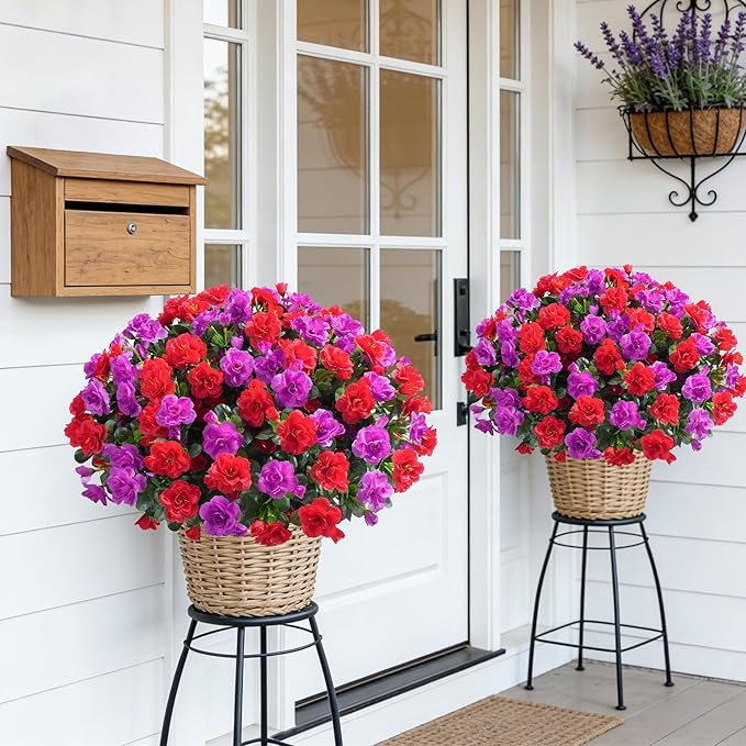 Artificial Faux Outdoor Flowers Plants for Spring Summer Decoration, Fake Silk Camellia UV Resistant Look Real for Planter Outside Front Door Porch Patio Balcony, 3 Large Bundles (Red+Fuchsia)