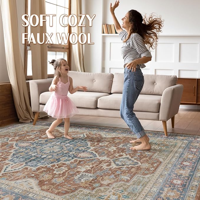 8x10 Area Rugs Living Room: Washable Boho Large Neutral Vintage Soft Rug Stain Resistant Farmhouse Non-Slip Indoor Floor Carpet for Bedroom Nursery Kids Playroom Office Dining Room- Red Multi