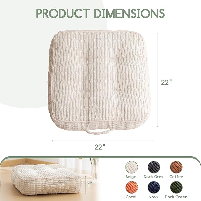 HIGOGOGO 6" Floor Pillow Cushion for Adults, Meditation Cushion Pillow, Blended Corduroy Cover, Large Square Floor Sitting for Tatami Living Room or Yoga, 2Pack, Beige