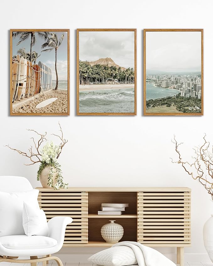 UPWOIGH Hawaii Coastal Framed Wall Art, 16 x 24 Inch, Set of 3 | Surfboard Beach, Diamond Head and Honolulu Prints, Soft Coastal Tones, Light Wood Frames for Living Room and Office