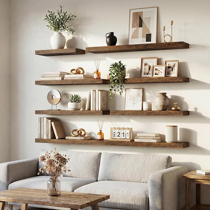 Venusmiles Floating Shelves for Wall, 55 Inch Floating Shelves Set of 1, 6.5" D Wooden Wall Mounted Display Shelves with Invisible Brackets for Living Room, Bedroom, Bathroom, Kitchen Decor, Brown