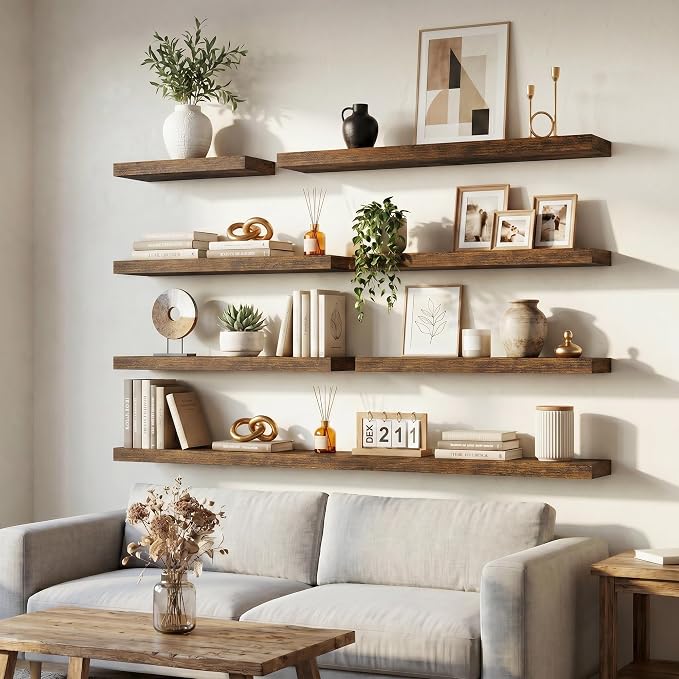 Venusmiles Floating Shelves for Wall, 20 Inch Floating Shelves Set of 2, 6.5" D Wooden Wall Mounted Display Shelves with Invisible Brackets for Living Room, Bedroom, Bathroom, Kitchen Decor, Brown