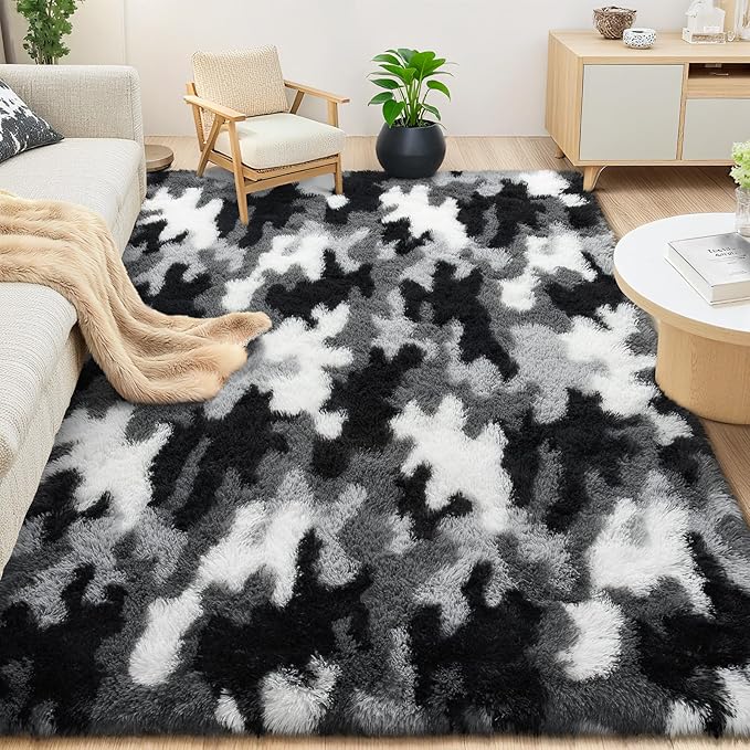 AROGAN Soft Fuzzy Kids Rugs for Girls Room Playroom 3x5 Feet, Fluffy Cute Colorful Princess Carpet for Kids Teens Nursery Toddler, Bedroom, Camouflage Black and White